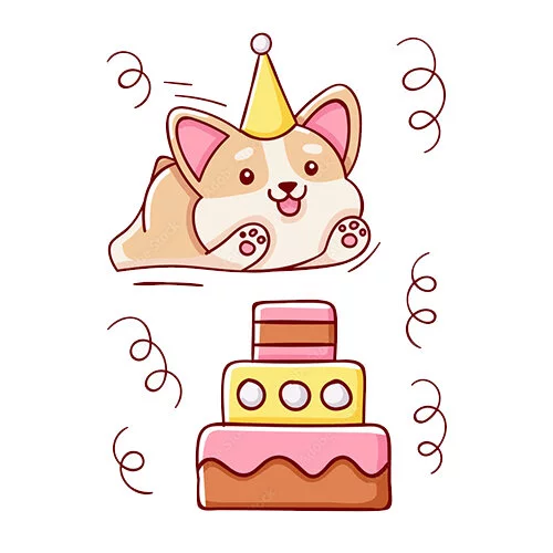 Цветной вариант раскраски корги и тортик