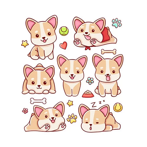 Цветной вариант раскраски корги малыши наклейки