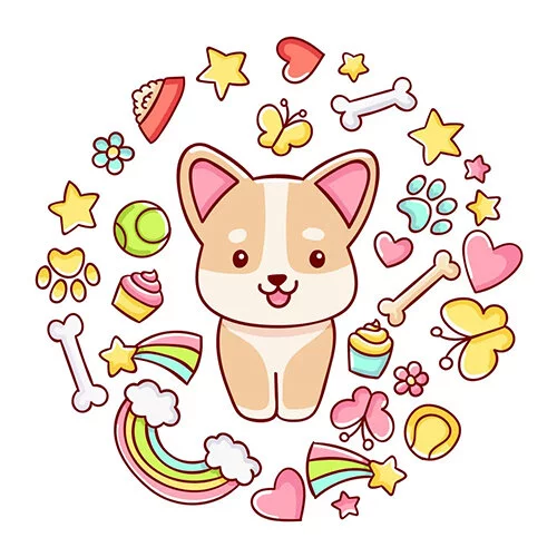 Цветной вариант раскраски корги наклейка