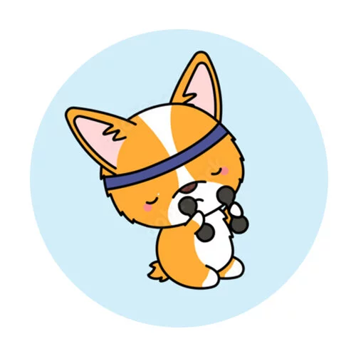 Цветной вариант раскраски корги с гантелями