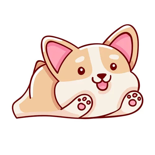 Цветной вариант раскраски корги тянет лапки