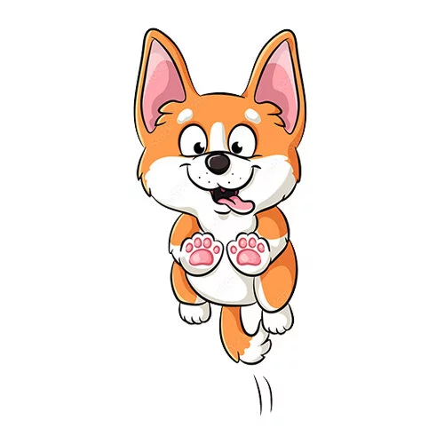 Цветной вариант раскраски корги в прыжке