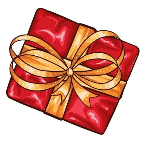 Цветной вариант раскраски коробка с бантом подарок