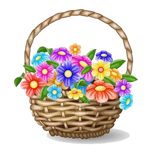 Цветной вариант раскраски корзина с цветами натюрморт