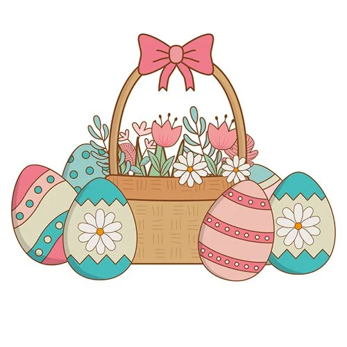 Цветной вариант раскраски корзинка с пасхальными яйцами