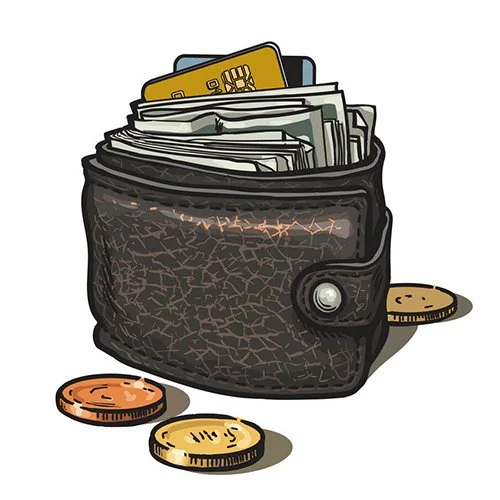 Цветной пример раскраски кошелек с деньгами и картой