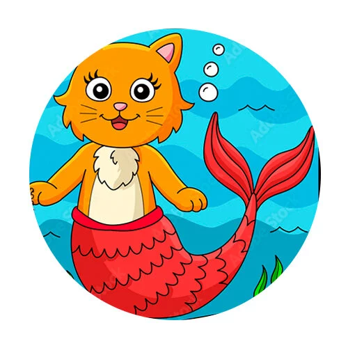 Цветной вариант раскраски кошка-русалка