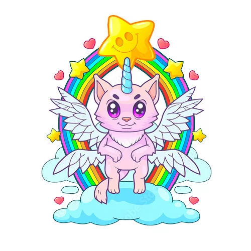 Цветной вариант раскраски кот-единорог на облаке