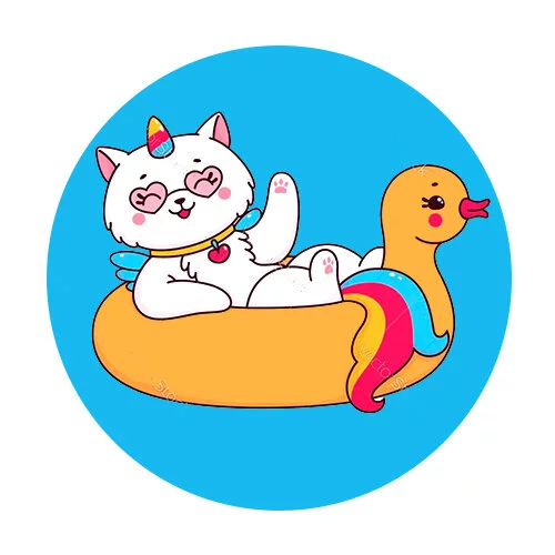 Цветной вариант раскраски кот-единорог на уточке