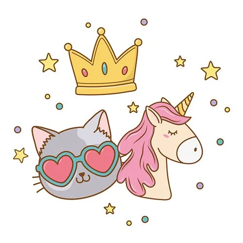 Цветной вариант раскраски котик, единорог корона