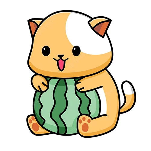 Цветной пример раскраски котик и арбузик