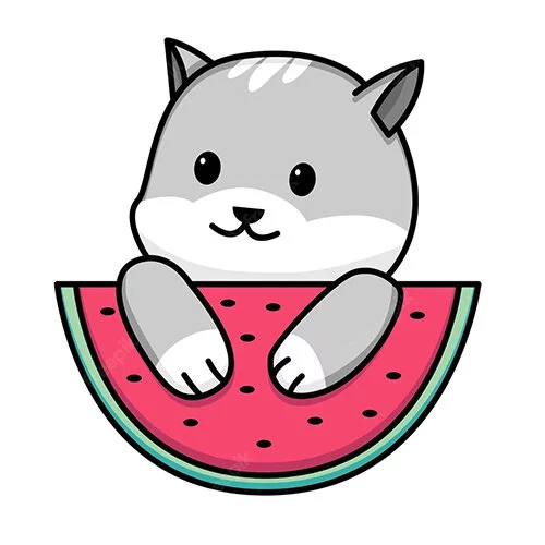 Цветной вариант раскраски котик на арбузе