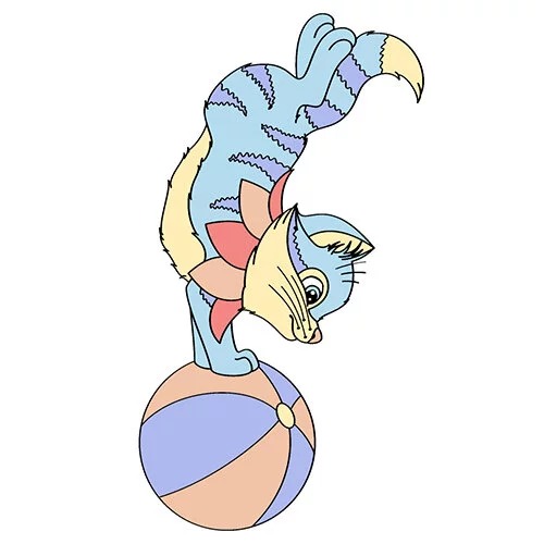 Цветной вариант раскраски котик на мяче