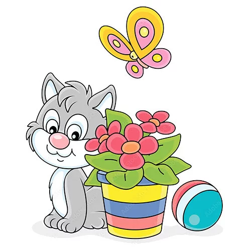 Цветной вариант раскраски котик с мячом