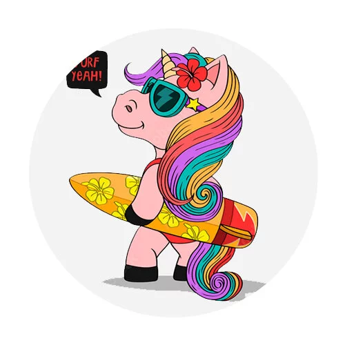 Цветной вариант раскраски крутой серфер единорог