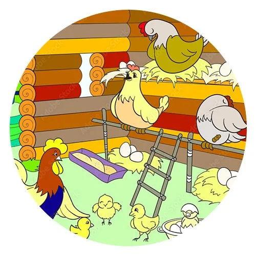 Цветной пример раскраски курятника с цыплятами