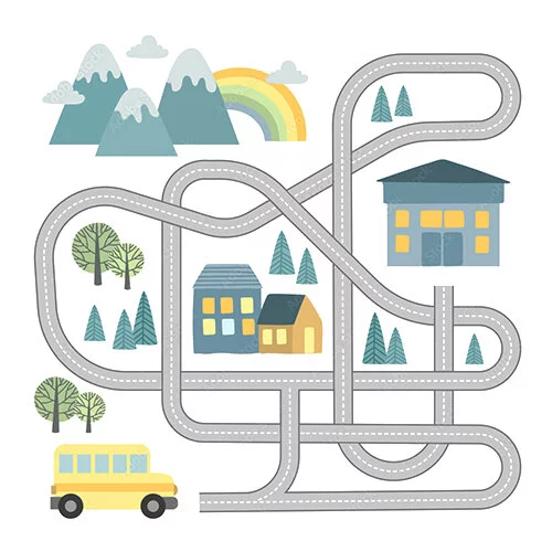 Цветной вариант раскраски лабиринт в городе до школы