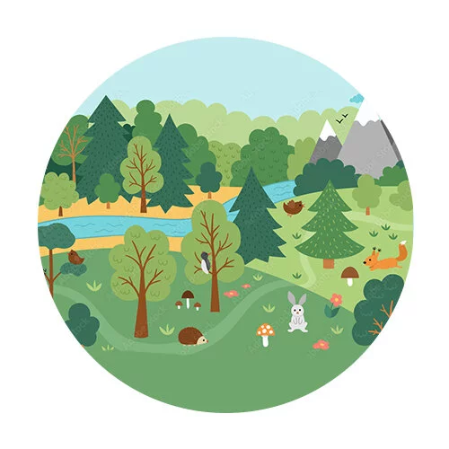 Цветной вариант раскраски лес, горы, животные