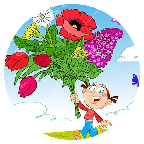 Цветной вариант раскраски летний букет и девочка