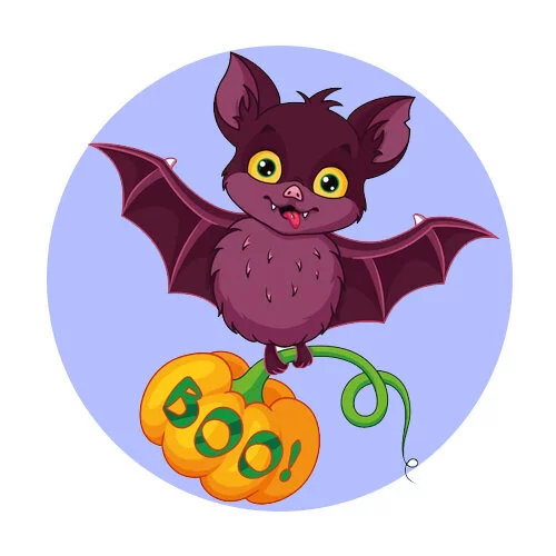 Цветной вариант раскраски летучая мышь с тыквой