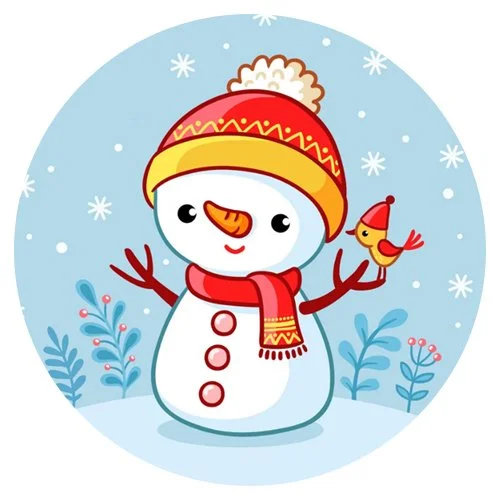 Цветной вариант раскраски маленький снеговик в шапке