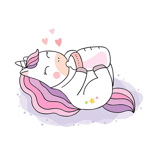 Цветной вариант раскраски малыш-единорог с бутылочкой