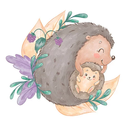 Цветной вариант раскраски мама ежик и ее малыш