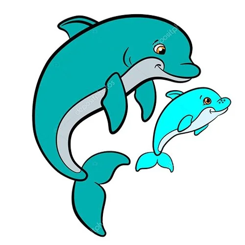 Цветной вариант раскраски дельфин мама и детеныш