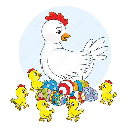 Цветной пример раскраски мама курица и дети цыплята