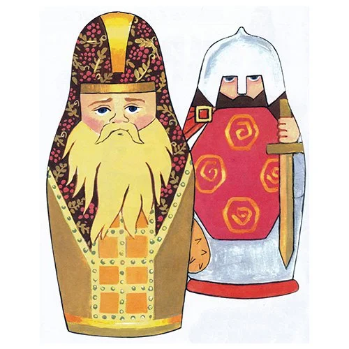 Цветной вариант раскраски матрешка богатыри