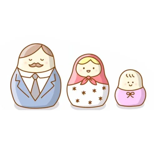 Цветной вариант раскраски матрешки папа, мама, ребенок, семья