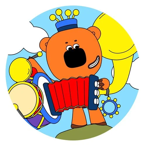 Цветной вариант раскраски ми-ми-мишки кеша играет на баяне