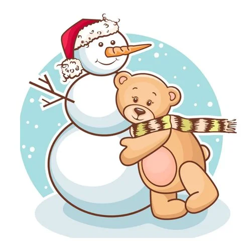 Цветной вариант раскраски мишка обнимает снеговика