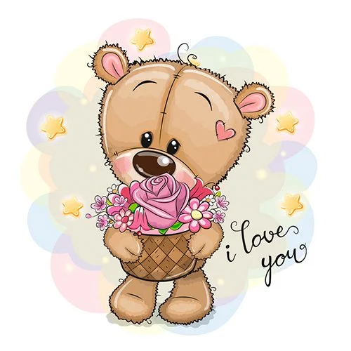 Цветной вариант раскраски мишка с букетом в коробке