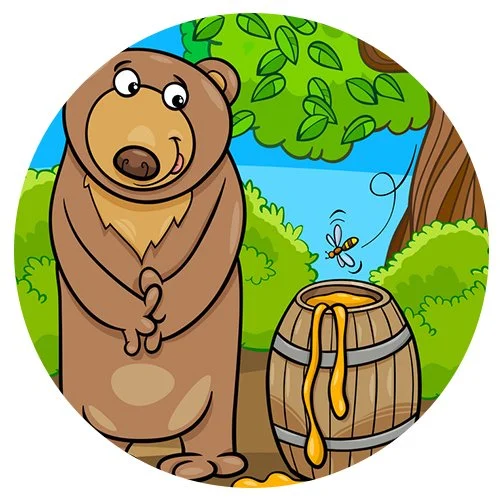 Цветной вариант раскраски мишка в лесу и мед