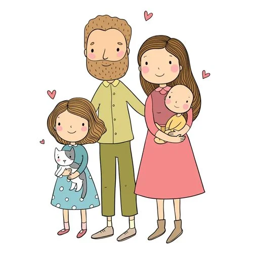 Цветной вариант раскраски молодая дружная семья