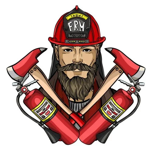 Цветной вариант раскраски молодой пожарный с бородой