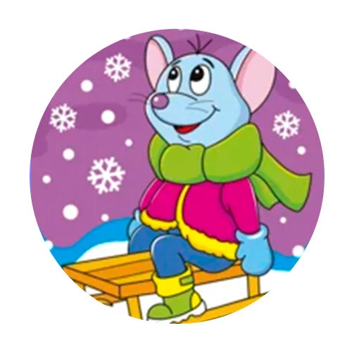 Цветной вариант раскраски мышь на санках