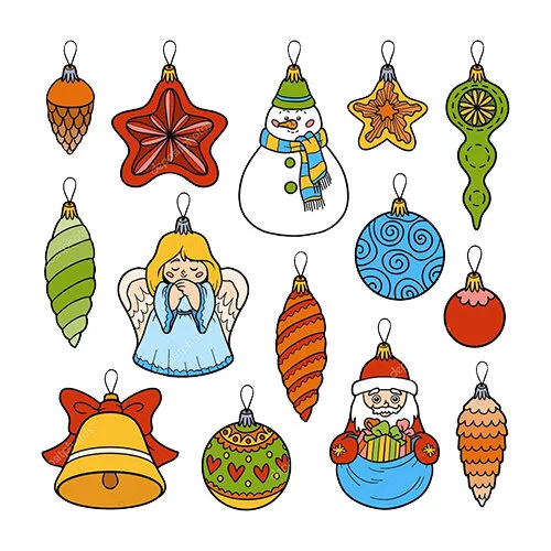 Цветной вариант раскраски новогодние игрушки на елку