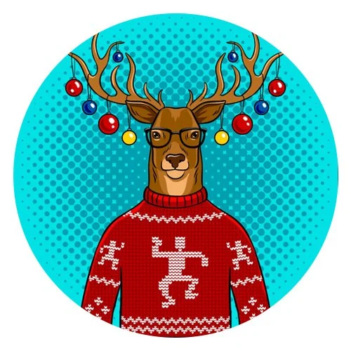 Цветной пример раскраски новогодний олень в офисе
