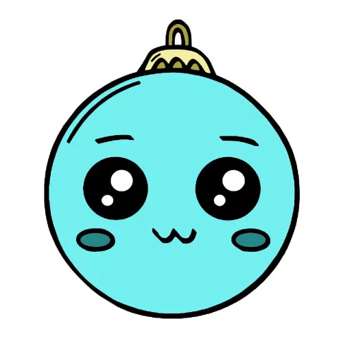 Цветной пример раскраски новогодний шар с глазками улыбается