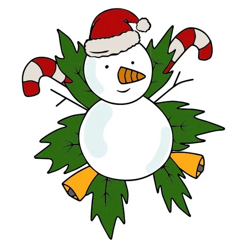 Цветной вариант раскраски новогодний снеговик в шапке