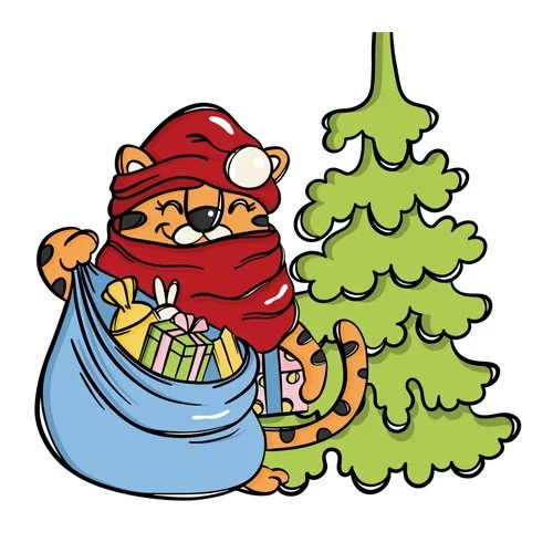 Цветной вариант раскраски новый год тигр у елки