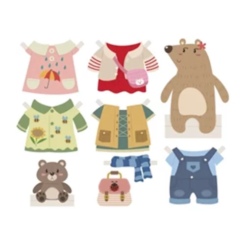 Цветной вариант раскраски бумажная кукла-мишка с одеждой для вырезания