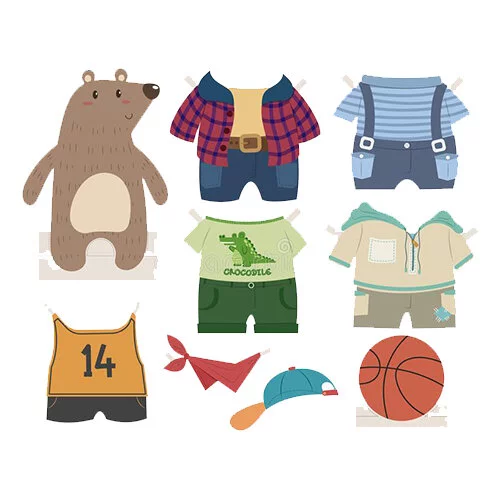 Цветной вариант раскраски бумажная кукла мальчика мишки с одеждой для вырезания