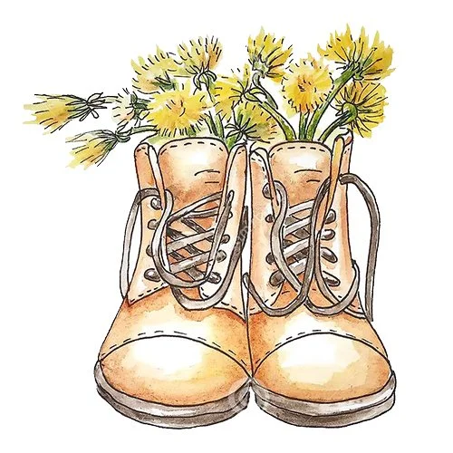 Цветной вариант раскраски одуванчики в ботинках