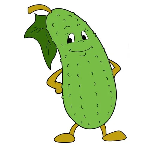 Цветной вариант раскраски огурец с глазками и ножками