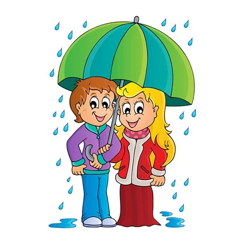 Цветной вариант раскраски осень, дети под дождем