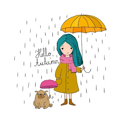 Цветной вариант раскраски осень девушка и собака