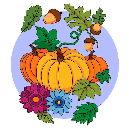 Цветной вариант раскраски осенняя тыква и листья